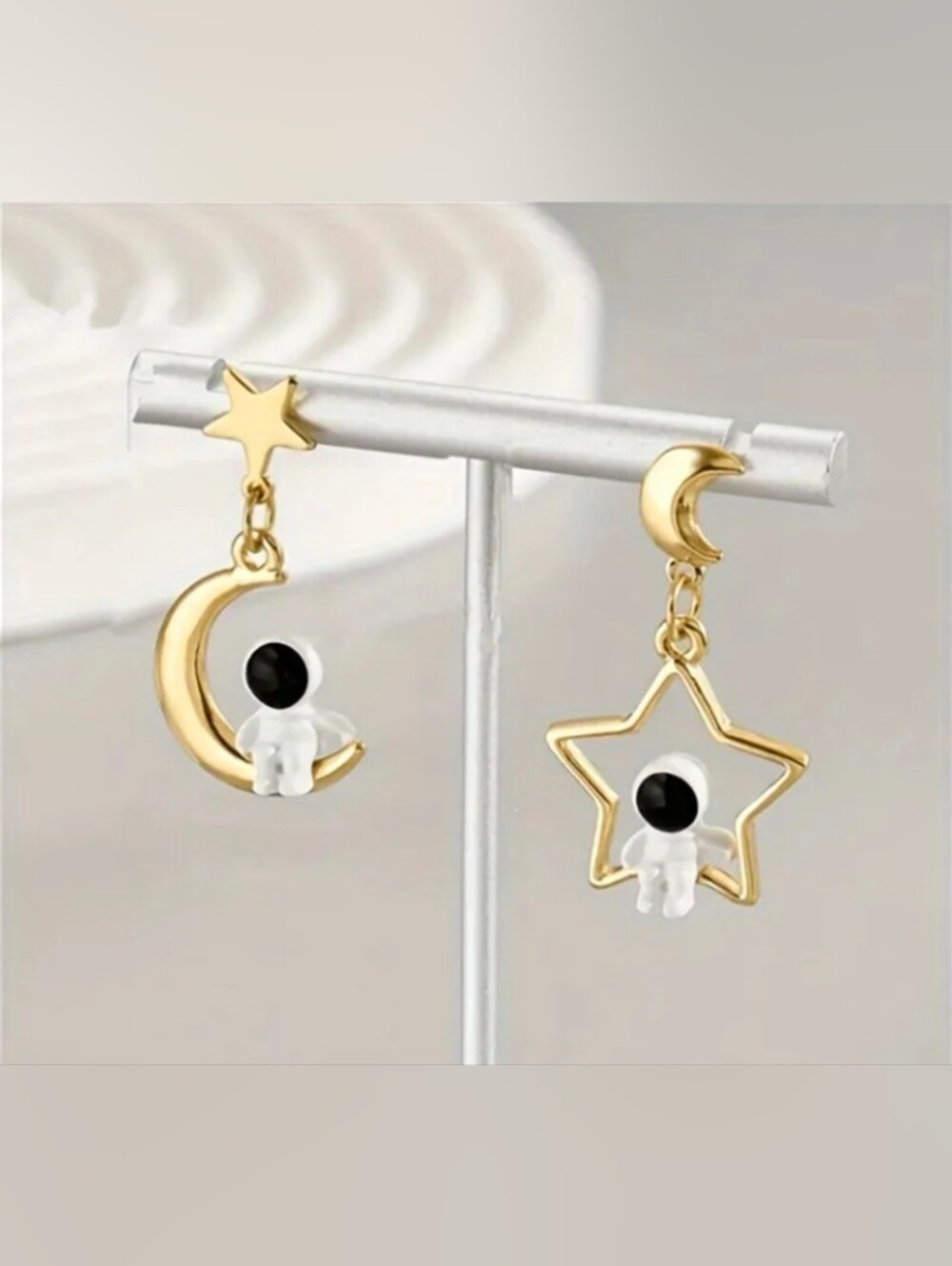 Gold Astronaut Moon & Star Dangle Earrings for Kids